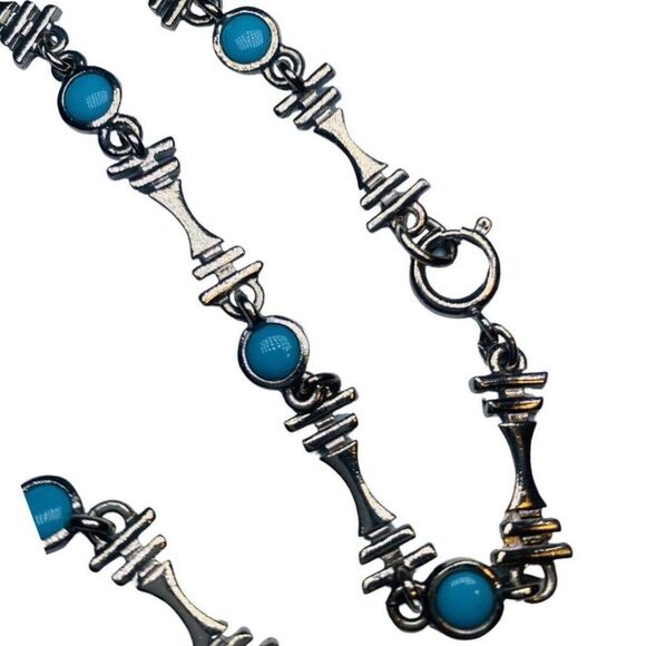 Blue Turquoise Silver Tone Station Vintage Bohemian Minimalist Necklace 27” - Picture 11 of 13